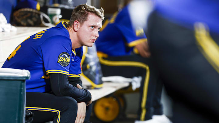 Seattle Mariners pitcher Casey Legumina sits in the dugout during a game against the Minnesota Twins on May 30 at T-Mobile Park.