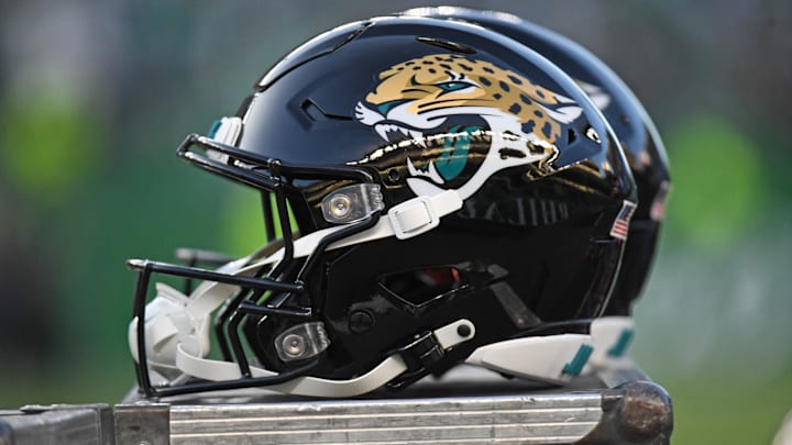 Nov 3, 2024; Philadelphia, Pennsylvania, USA; Jacksonville Jaguars helmets on the sidelines against the Philadelphia Eagles at Lincoln Financial Field. Mandatory Credit: Eric Hartline-Imagn Images