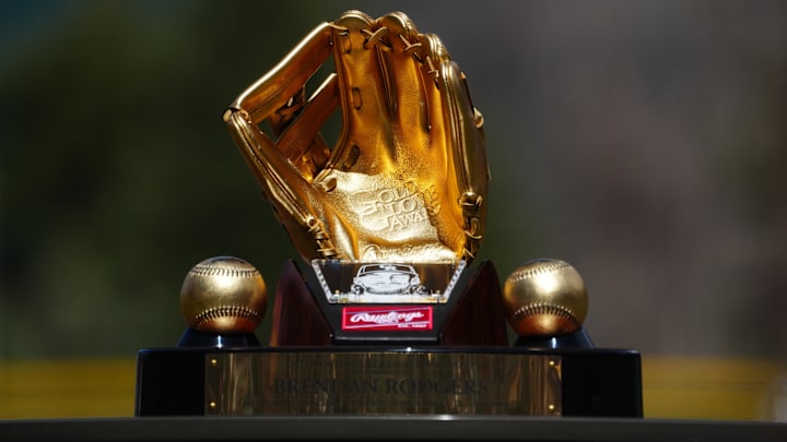 Detailed view of the Gold Glove award.