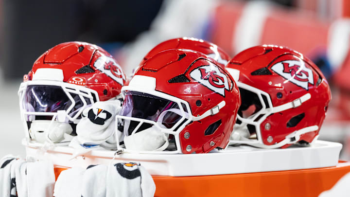 Aug 9, 2025; Glendale, Arizona, USA; Detailed view of a Kansas City Chiefs helmet during a preseason NFL game at State Farm Stadium. Mandatory Credit: Mark J. Rebilas-Imagn Images