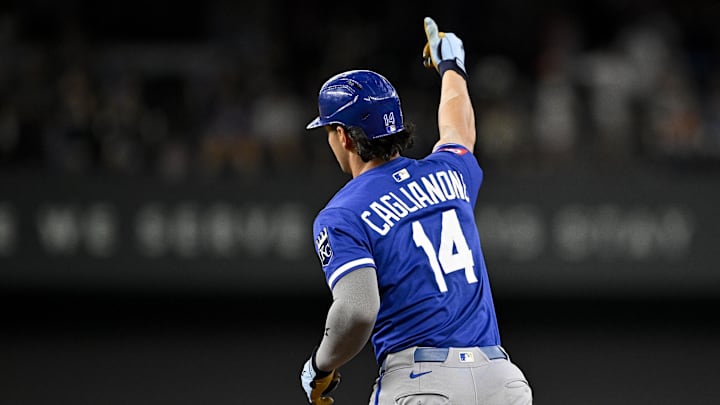 Kansas City Royals right fielder Jac Caglianone (14) rounds the bases after hitting a home run against the Texas Rangers. Kansas City Royals right fielder Jac Caglianone (14) rounds the bases after hitting a home run against the Texas Rangers.