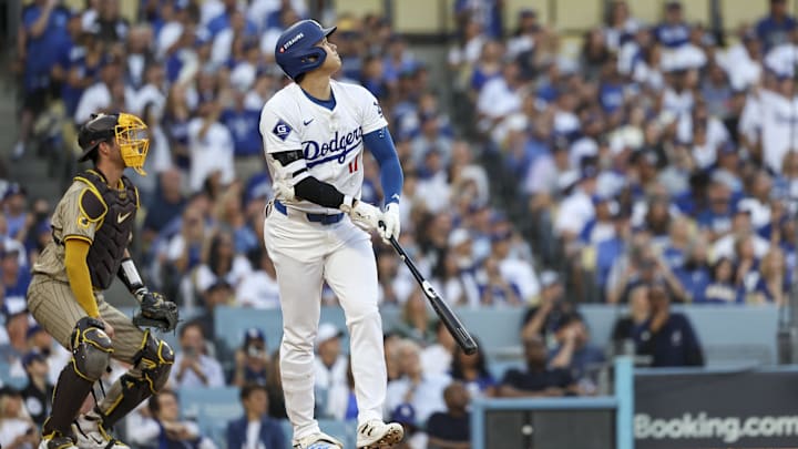 Los Angeles Dodgers designated hitter Shohei Ohtani flies out during Game 1 of a National League Divisional Series against the San Diego Padres on Saturday at Dodgers Stadium.