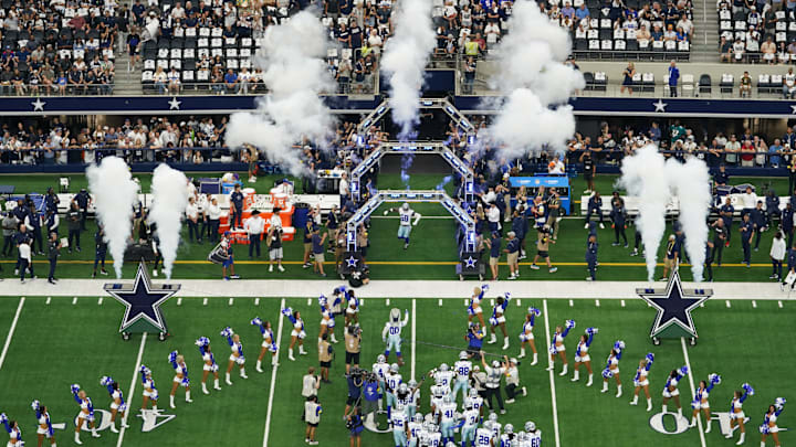 A general view as Dallas Cowboys linebacker Kenneth Murray Jr. is introduced before a game against the New York Giants at AT&T Stadium. A general view as Dallas Cowboys linebacker Kenneth Murray Jr. is introduced before a game against the New York Giants at AT&T Stadium.
