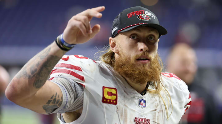 Dec 22, 2025; Indianapolis, Indiana, USA; San Francisco 49ers tight end George Kittle (85) leaves the field after the game against the Indianapolis Colts at Lucas Oil Stadium. 