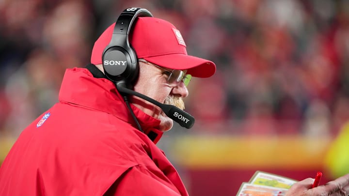 Dec 7, 2025; Kansas City, Missouri, USA; Kansas City Chiefs head coach Andy Reid looks on during the third quarter against the Houston Texans at GEHA Field at Arrowhead Stadium. Mandatory Credit: Denny Medley-Imagn Images