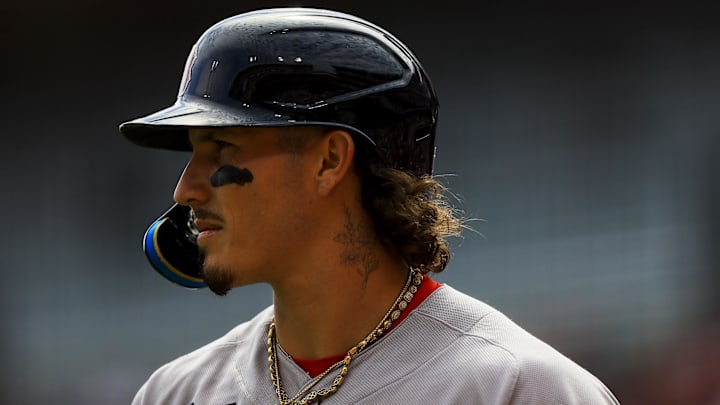 Mar 29, 2026; Cincinnati, Ohio, USA; Boston Red Sox outfielder Jarren Duran (16) prepares on deck in the third inning against the Cincinnati Reds at Great American Ball Park. Mandatory Credit: Katie Stratman-Imagn Images