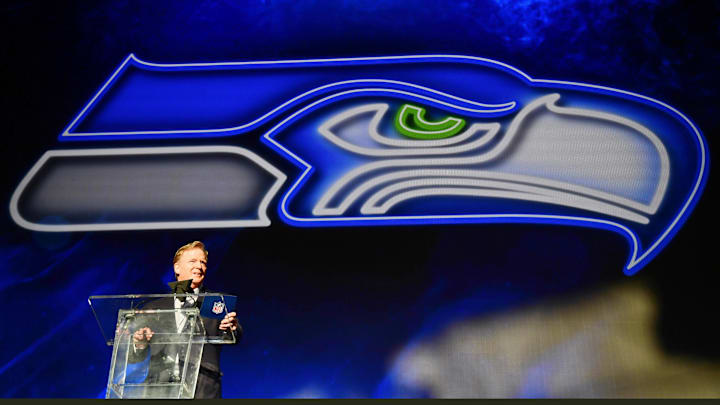 Apr 28, 2022; Las Vegas, NV, USA; NFL commissioner Roger Goodell announces Mississippi State offensive tackle Charles Cross as the ninth overall pick to the Seattle Seahawks during the first round of the 2022 NFL Draft at the NFL Draft Theater. Mandatory Credit: Gary Vasquez-Imagn Images