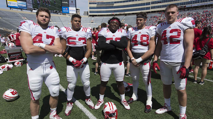 Apr 23, 2016; Madison, WI, USA; Wisconsin Badgers Linebackers Vince Biegel (47) and T.J. Edwards (53) and Chris Orr (50) and Jack Cichy (48) and T.J. Watt (42) pose during the Wisconsin spring football game at Camp Randall Stadium. Apr 23, 2016; Madison, WI, USA; Wisconsin Badgers Linebackers Vince Biegel (47) and T.J. Edwards (53) and Chris Orr (50) and Jack Cichy (48) and T.J. Watt (42) pose during the Wisconsin spring football game at Camp Randall Stadium.