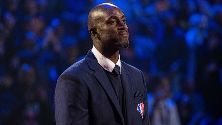 February 20, 2022; Cleveland, Ohio, USA; NBA great Kevin Garnett is honored for being selected to the NBA 75th Anniversary Team during halftime in the 2022 NBA All-Star Game at Rocket Mortgage FieldHouse. Mandatory Credit: Kyle Terada-Imagn Images February 20, 2022; Cleveland, Ohio, USA; NBA great Kevin Garnett is honored for being selected to the NBA 75th Anniversary Team during halftime in the 2022 NBA All-Star Game at Rocket Mortgage FieldHouse. Mandatory Credit: Kyle Terada-Imagn Images