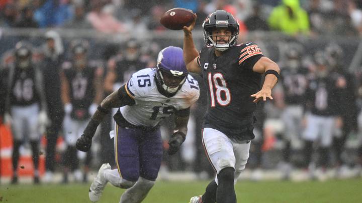 Bears quarterback Caleb Williams throws a pass while scrambling against Minnesota Vikings linebacker Dallas Turner in the Week 2 Bears defeat. Bears quarterback Caleb Williams throws a pass while scrambling against Minnesota Vikings linebacker Dallas Turner in the Week 2 Bears defeat.