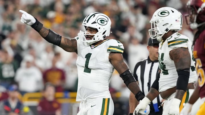 Sep 11, 2025; Green Bay, Wisconsin, USA;  Green Bay Packers defensive end Micah Parsons (1) reacts in the first quarter against the Washington Commanders at Lambeau Field. Mandatory Credit: Jeff Hanisch-Imagn Images