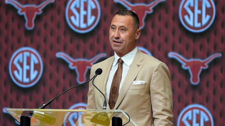 July 15, 2025; Atlanta, GA, USA; Texas head coach Steve Sarkisian speaks during SEC Media Days at the College Football Hall of Fame in Atlanta. July 15, 2025; Atlanta, GA, USA; Texas head coach Steve Sarkisian speaks during SEC Media Days at the College Football Hall of Fame in Atlanta.