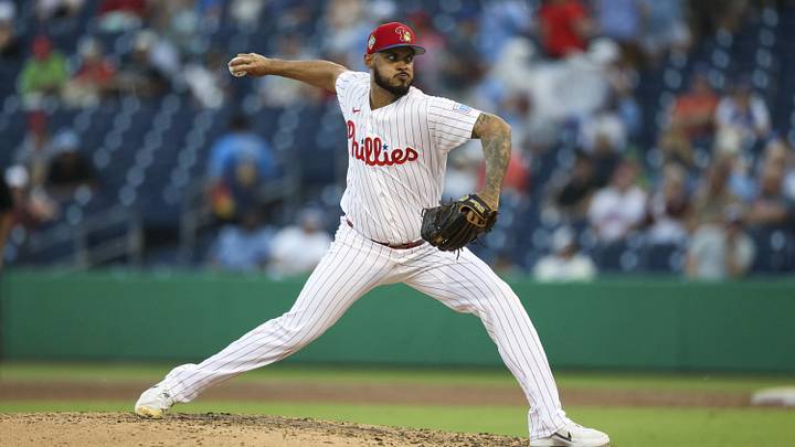 Mar 12, 2026; Clearwater, Florida, USA; Philadelphia Phillies pitcher Jonathan Hernandez (72) throws a pitch against the Toronto Blue Jays in the eighth inning during spring training at BayCare Ballpark. Mandatory Credit: Nathan Ray Seebeck-Imagn Images Mar 12, 2026; Clearwater, Florida, USA; Philadelphia Phillies pitcher Jonathan Hernandez (72) throws a pitch against the Toronto Blue Jays in the eighth inning during spring training at BayCare Ballpark. Mandatory Credit: Nathan Ray Seebeck-Imagn Images