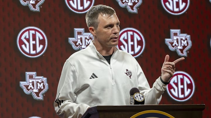 Oct 15, 2025; Birmingham, AL, USA; Texas A&M Aggies head coach Bucky McMillan talks with the media during SEC Media Days at Grand Bohemian Hotel. Mandatory Credit: Vasha Hunt-Imagn Images