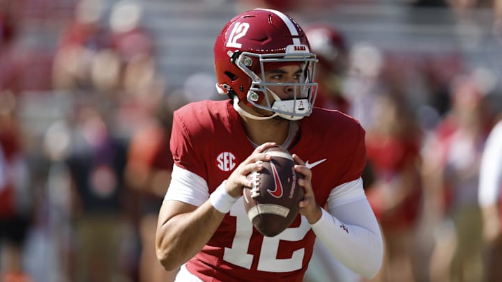 Oct 26, 2024; Tuscaloosa, Alabama, USA; Alabama Crimson Tide quarterback Dylan Lonergan (12) warms up at Bryant-Denny Stadium. Mandatory Credit: Butch Dill-Imagn Images Oct 26, 2024; Tuscaloosa, Alabama, USA; Alabama Crimson Tide quarterback Dylan Lonergan (12) warms up at Bryant-Denny Stadium. Mandatory Credit: Butch Dill-Imagn Images