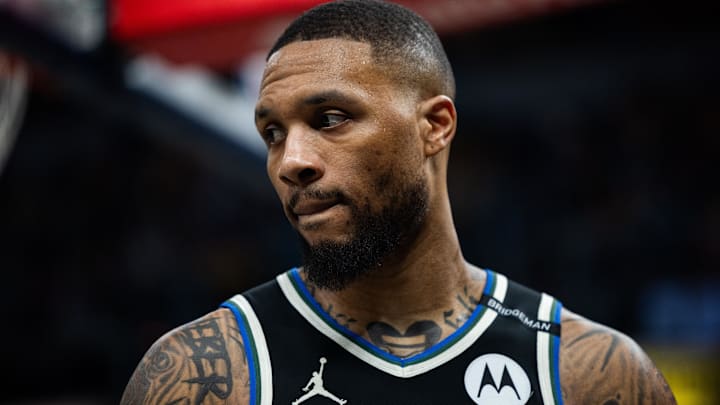 Apr 22, 2025; Indianapolis, Indiana, USA; Milwaukee Bucks guard Damian Lillard (0) during game two of first round for the 2024 NBA Playoffs against the Indiana Pacers at Gainbridge Fieldhouse. Mandatory Credit: Trevor Ruszkowski-Imagn Images