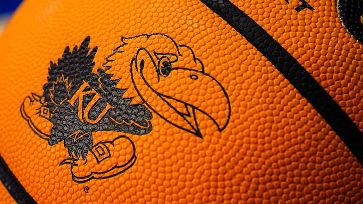 Nov 10, 2022; Lawrence, Kansas, USA; A detailed view of the Kansas Jayhawks logo on a basketball prior to a game against the North Dakota State Bison at Allen Fieldhouse. Mandatory Credit: Jay Biggerstaff-USA TODAY Sports Nov 10, 2022; Lawrence, Kansas, USA; A detailed view of the Kansas Jayhawks logo on a basketball prior to a game against the North Dakota State Bison at Allen Fieldhouse. Mandatory Credit: Jay Biggerstaff-USA TODAY Sports