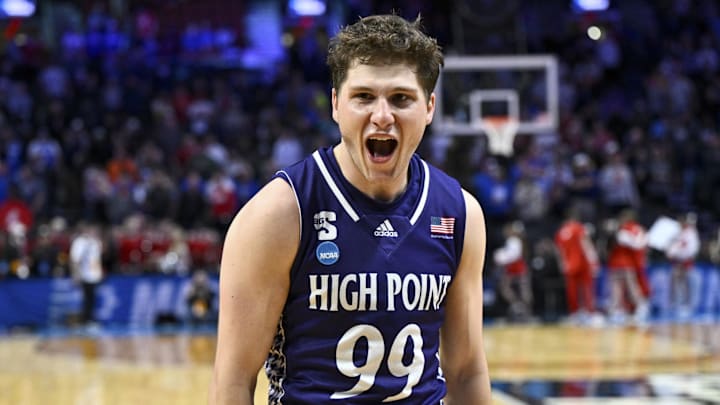 High Point Panthers guard Chase Johnston reacts after defeating the Wisconsin Badgers.