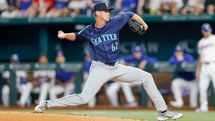 Seattle Mariners pitcher Emerson Hancock throws during a game against the Texas Rangers on Sept. 21 at Globe Life Field. Seattle Mariners pitcher Emerson Hancock throws during a game against the Texas Rangers on Sept. 21 at Globe Life Field.