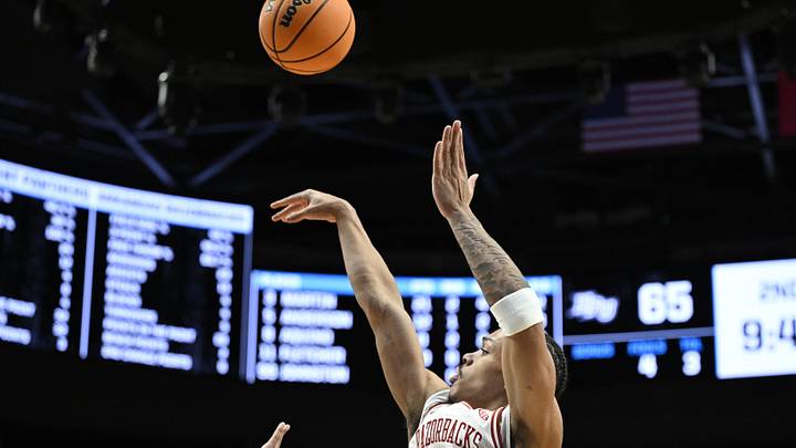 Mar 21, 2026; Portland, OR, USA; Arkansas Razorbacks guard Darius Acuff Jr. (5) shoots in the second half against the High Point Panthers during a second round game of the men's 2026 NCAA Tournament at Moda Center. Mandatory Credit: Troy Wayrynen-Imagn Images Mar 21, 2026; Portland, OR, USA; Arkansas Razorbacks guard Darius Acuff Jr. (5) shoots in the second half against the High Point Panthers during a second round game of the men's 2026 NCAA Tournament at Moda Center. Mandatory Credit: Troy Wayrynen-Imagn Images