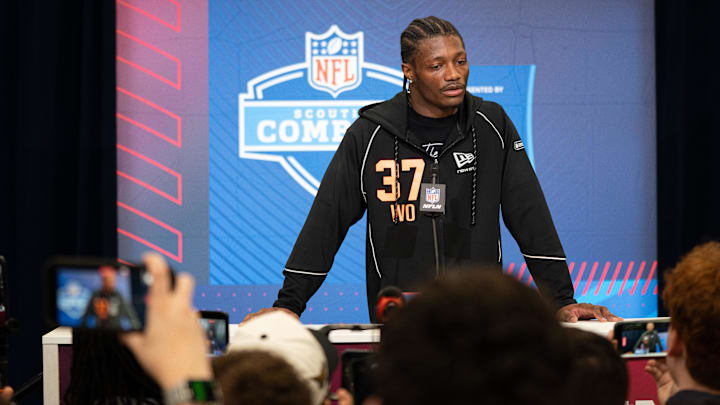 Feb 27, 2026; Indianapolis, IN, USA; Ohio State wideout Carnell Tate (WO37) speaks to members of the media during the NFL Combine at the Indiana Convention Center. Mandatory Credit: Jacob Musselman-Imagn Images
