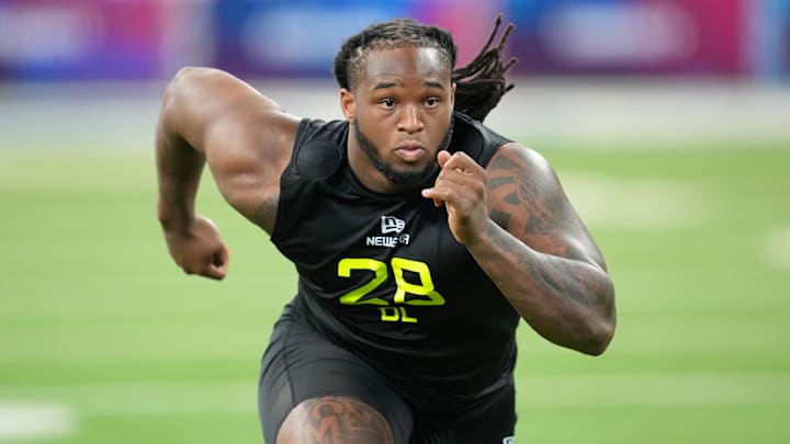 Maryland defensive lineman Jordan Phillips (DL28) participates in drills during the 2025 NFL Combine at Lucas Oil Stadium. Maryland defensive lineman Jordan Phillips (DL28) participates in drills during the 2025 NFL Combine at Lucas Oil Stadium.