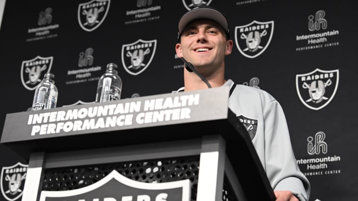 Apr 26, 2024; Henderson, NV, USA; Las Vegas Raiders tight end Brock Bowers speaks to the media at