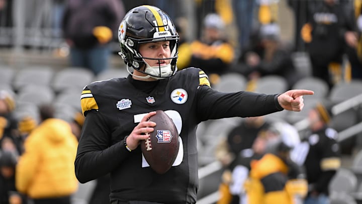 Nov 16, 2025; Pittsburgh, Pennsylvania, USA; Pittsburgh Steelers quarterback Will Howard (18) warms up before a game against the Cincinnati Bengals at Acrisure Stadium. Mandatory Credit: Barry Reeger-Imagn Images
