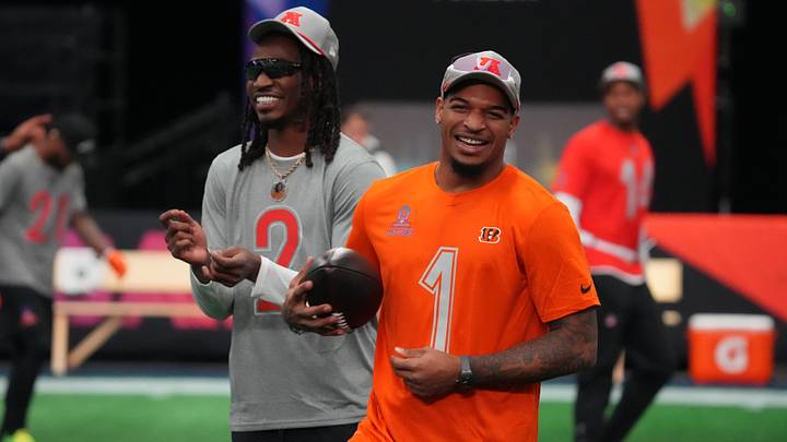 Feb 1, 2026; San Francisco, CA, USA; Cincinnati Bengals receiver Ja'Marr Chase (1) during AFC practice  at the Flag Fieldhouse Moscone Center South Building. Mandatory Credit: Kirby Lee-Imagn Images