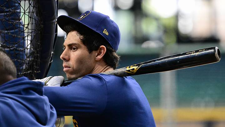 Oct 22, 2026; Milwaukee, WI, USA;  Milwaukee Brewers designated hitter Christian Yelich (22) looks on during a workout session before the 2026 World Series.  Mandatory Credit: Benny Sieu-Imagn Images