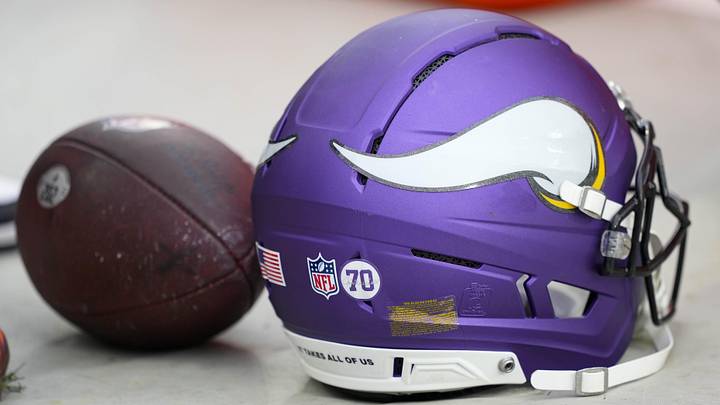 Nov 23, 2025; Green Bay, Wisconsin, USA;  General view of an Minnesota Vikings helmet during the warmups prior to the game against the Green Bay Packers at Lambeau Field. 