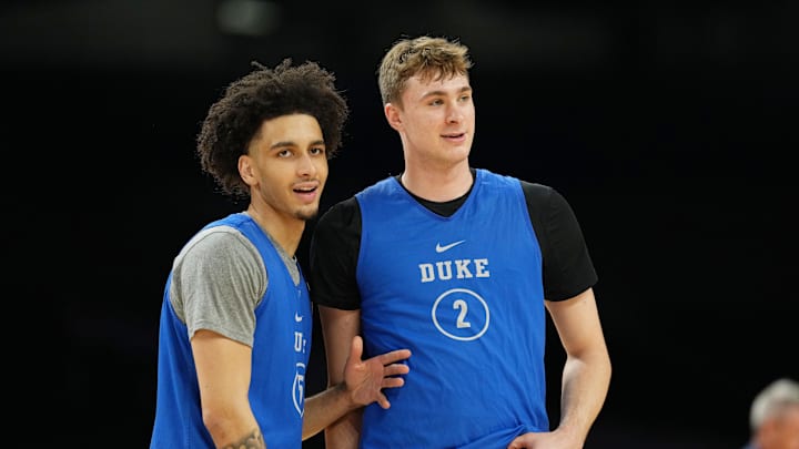 Apr 4, 2025; San Antonio, TX, USA; Duke Blue Devils guard Tyrese Proctor (5) and guard Cooper Flagg (2) during a practice session for the Final Four of the 2025 NCAA tournament at Alamodome. Mandatory Credit: Bob Donnan-Imagn Images Apr 4, 2025; San Antonio, TX, USA; Duke Blue Devils guard Tyrese Proctor (5) and guard Cooper Flagg (2) during a practice session for the Final Four of the 2025 NCAA tournament at Alamodome. Mandatory Credit: Bob Donnan-Imagn Images