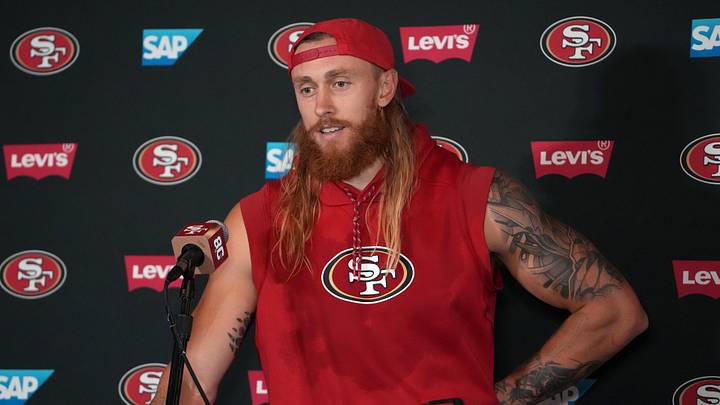 San Francisco 49ers tight end George Kittle (85) at press conference at AAMI Park. Mandatory Credit: Kirby Lee-Imagn Images