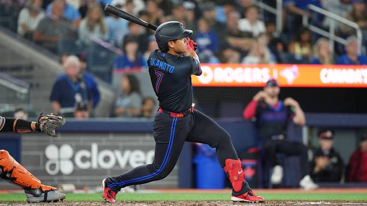 Toronto Blue Jays third baseman Kazuma Okamoto (7) hits a double. Credit: Nick Turchiaro-Imagn Images Toronto Blue Jays third baseman Kazuma Okamoto (7) hits a double. Credit: Nick Turchiaro-Imagn Images