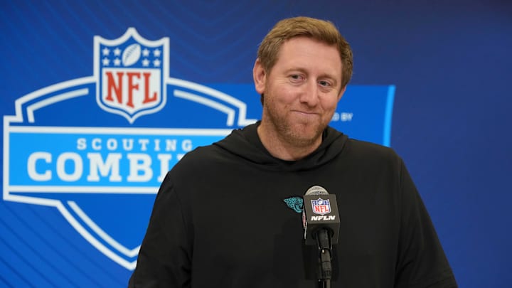 Feb 25, 2025; Indianapolis, IN, USA; Jacksonville Jaguars coach Liam Coen speaks during the NFL Scouting Combine at the Indiana Convention Center. Mandatory Credit: Kirby Lee-Imagn Images