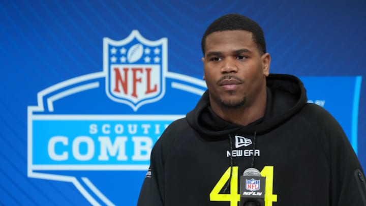 Feb 27, 2025; Indianapolis, IN, USA; Penn State defensive lineman Abdul Carter (DL44) during the 2025 NFL Scouting Combine at the Indiana Convention Center. Mandatory Credit: Kirby Lee-Imagn Images