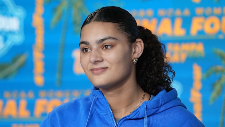 Apr 3, 2025; Tampa, FL, USA; UCLA Bruins center Lauren Betts (51) at press conference at the Amalie Arena. Mandatory Credit: Kirby Lee-Imagn Images Apr 3, 2025; Tampa, FL, USA; UCLA Bruins center Lauren Betts (51) at press conference at the Amalie Arena. Mandatory Credit: Kirby Lee-Imagn Images
