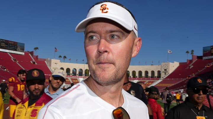 Sep 28, 2024; Los Angeles, California, USA; Southern California Trojans head coach Lincoln Riley reacts after a game against the Wisconsin Badgers at United Airlines Field at Los Angeles Memorial Coliseum. Mandatory Credit: Kirby Lee-Imagn Images