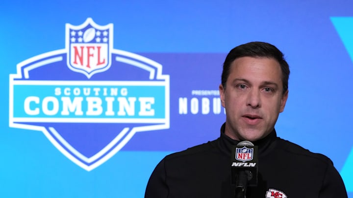Feb 28, 2023; Indianapolis, IN, USA; Kansas City Chiefs general manager Brett Veach during the NFL combine at the Indiana Convention Center. Mandatory Credit: Kirby Lee-Imagn Images Feb 28, 2023; Indianapolis, IN, USA; Kansas City Chiefs general manager Brett Veach during the NFL combine at the Indiana Convention Center. Mandatory Credit: Kirby Lee-Imagn Images