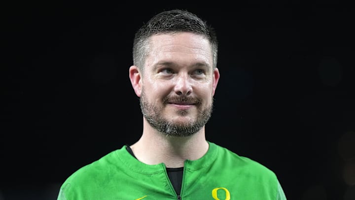 Dec 28, 2022; San Diego, CA, USA; Oregon Ducks head coach Dan Lanning reacts after the 2022 Holiday Bowl against the North Carolina Tar Heels at Petco Park. Mandatory Credit: Kirby Lee-Imagn Images