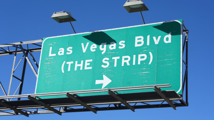 Nov 26, 2023; Paradise, Nevada, USA; A Las Vegas Blvd. and the strip sign. Mandatory Credit: Kirby Lee-USA TODAY Sports