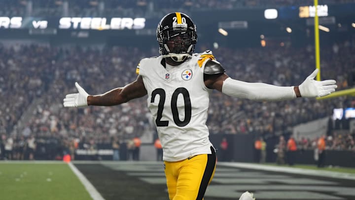 Sep 24, 2023; Paradise, Nevada, USA; Pittsburgh Steelers cornerback Patrick Peterson (20) celebrates after intercepting a pass against the Las Vegas Raiders in the second half at Allegiant Stadium. Mandatory Credit: Kirby Lee-Imagn Images