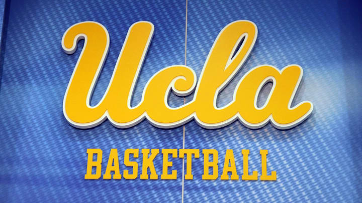 Dec 19, 2023; Los Angeles, California, USA; The UCLA Bruins basketball logo at Pauley Pavilion.