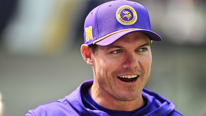 Aug 10, 2024; Minneapolis, Minnesota, USA; Minnesota Vikings head coach Kevin O'Connell looks on before the game against the Las Vegas Raiders at U.S. Bank Stadium.