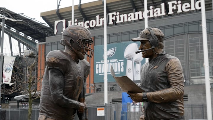 Feb 13, 2025; Philadelphia, PA, USA; The Super Bowl 57 Philly Special statue featuring Philadelphia Eagles quarterback Nick Foles and coach Doug Pederson at Lincoln Financial Field. Mandatory Credit: Kirby Lee-Imagn Images Feb 13, 2025; Philadelphia, PA, USA; The Super Bowl 57 Philly Special statue featuring Philadelphia Eagles quarterback Nick Foles and coach Doug Pederson at Lincoln Financial Field. Mandatory Credit: Kirby Lee-Imagn Images