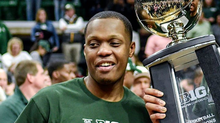 From left, Michigan State's Cassius Winston, Xavier Tillman and Gabe Brown pose with the Big Ten Championship trophy after beating Ohio State on Sunday, March 8, 2020, at the Breslin Center in East Lansing. The Spartans won a share of the title with Maryland and Wisconsin.
200308 Msu Osu 329a From left, Michigan State's Cassius Winston, Xavier Tillman and Gabe Brown pose with the Big Ten Championship trophy after beating Ohio State on Sunday, March 8, 2020, at the Breslin Center in East Lansing. The Spartans won a share of the title with Maryland and Wisconsin.
200308 Msu Osu 329a