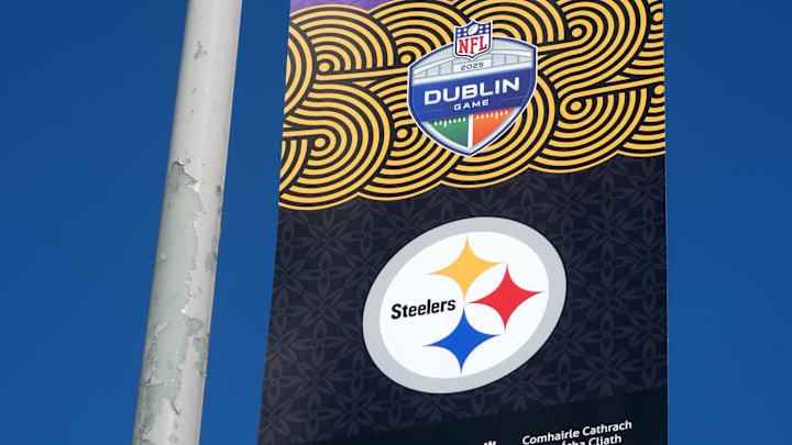 A street banner promoting the 2025 NFL Dublin Game between the Minnesota Vikings and Pittsburgh Steelers. Mandatory Credit: Kirby Lee-Imagn Images A street banner promoting the 2025 NFL Dublin Game between the Minnesota Vikings and Pittsburgh Steelers. Mandatory Credit: Kirby Lee-Imagn Images