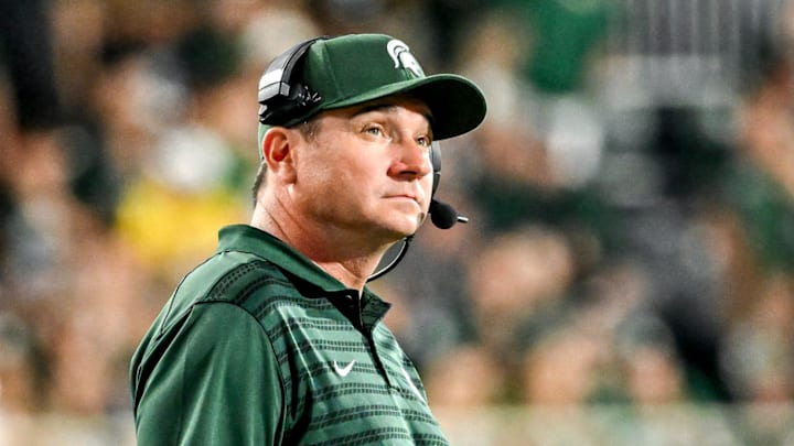Michigan State's head coach Jonathan Smith looks on during the fourth quarter in the game against Florida Atlantic on Friday, Aug. 30, 2024, at Spartan Stadium in East Lansing.