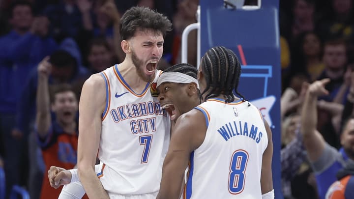 Dec 8, 2023; Oklahoma City, Oklahoma, USA; Oklahoma City Thunder forward Chet Holmgren (7), and guard Shai Gilgeous-Alexander (2) celebrate after Chet Holmgren scores a basket against the Golden State Warriors during the second half at Paycom Center. Mandatory Credit: Alonzo Adams-USA TODAY Sports Dec 8, 2023; Oklahoma City, Oklahoma, USA; Oklahoma City Thunder forward Chet Holmgren (7), and guard Shai Gilgeous-Alexander (2) celebrate after Chet Holmgren scores a basket against the Golden State Warriors during the second half at Paycom Center. Mandatory Credit: Alonzo Adams-USA TODAY Sports