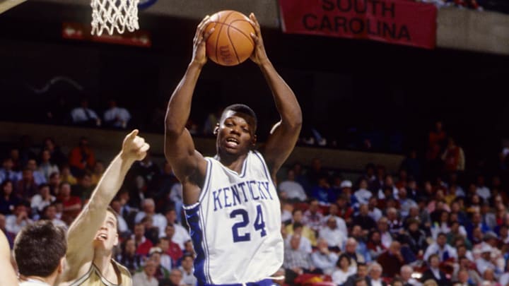 Mar 13, 1992; Birmingham, AL, USA: FILE PHOTO; Kentucky Wildcats guard Jamal Mashburn (24) in action against the Vanderbilt Commodores during the 1992 SEC tournament at the BJCC Arena. Mandatory Credit: Imagn Images